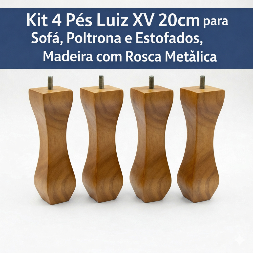 🪑✨ Kit 4 Pés Luiz XV 20cm para Sofá, Poltrona e Estofados | Madeira com Rosca Metálica