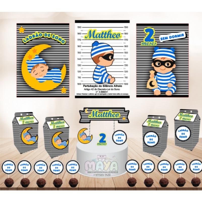 Kit Completo Mesversario Ladrão/Ladra De Sono Só Um Bolinho Personalizado Decoração Infantil Festas Mesversário criativo