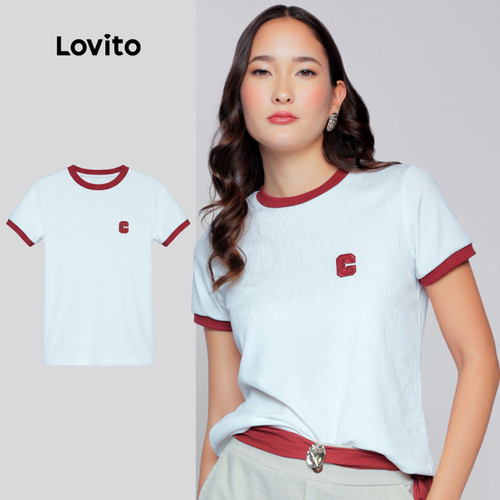 Lovito Camiseta Branca Básica Gola Vermelha Contrastante Lisa Feminina LB1140BRL1170