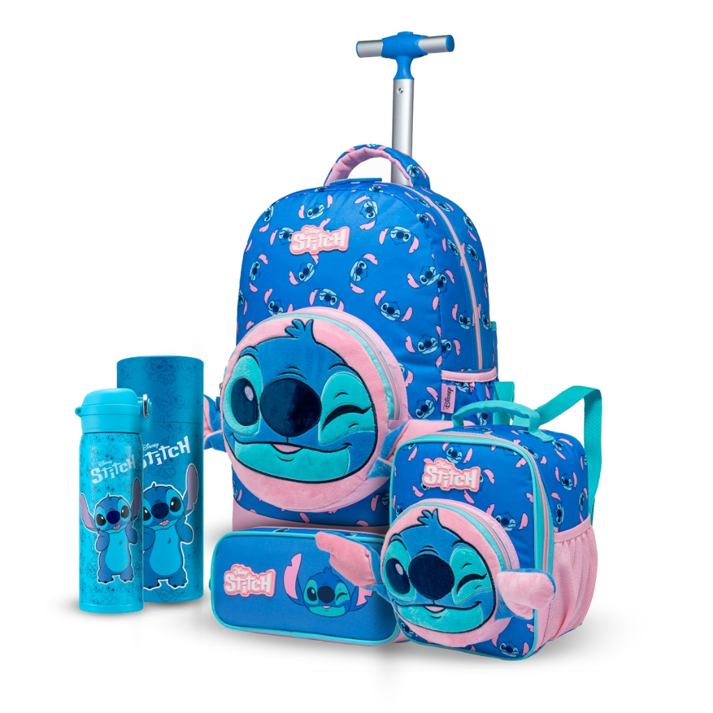 Kit Mochila Disney Lancheira Estojo Garrafa Escolar Stitch Rodinha em Oferta na Shopee