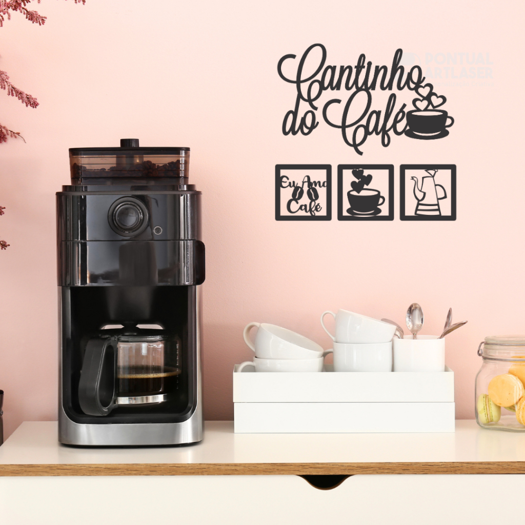 Kit Cantinho do Café 4 Peças para Decoração de Cozinha em Mdf Preto Fosco