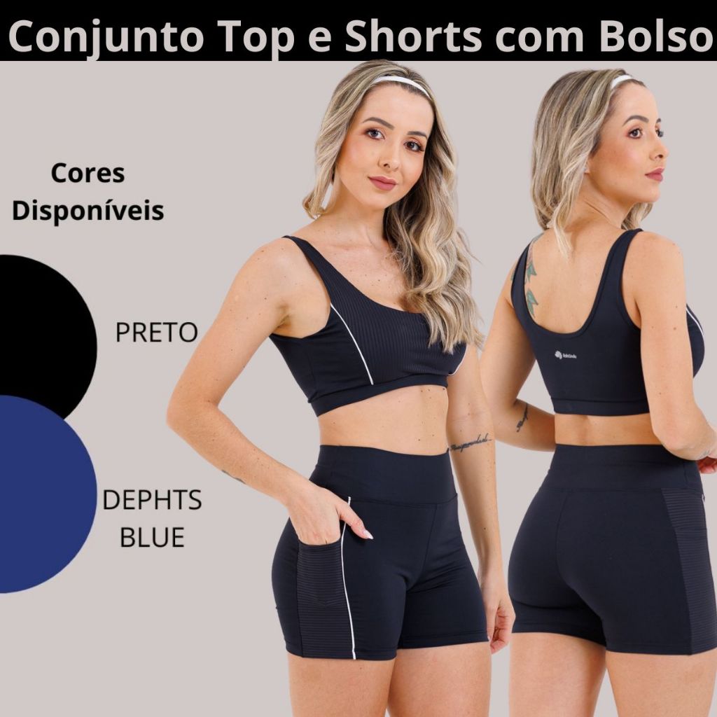 Conjunto Fitness Shorts com Bolso e Top Pulse para Academia em Poliamida