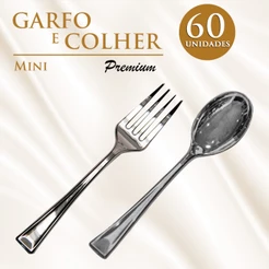 Kit 60 Mini Garfos Colher Descartáveis Linha Premium Prata 9,5Cm Reutilizável Silver Festas