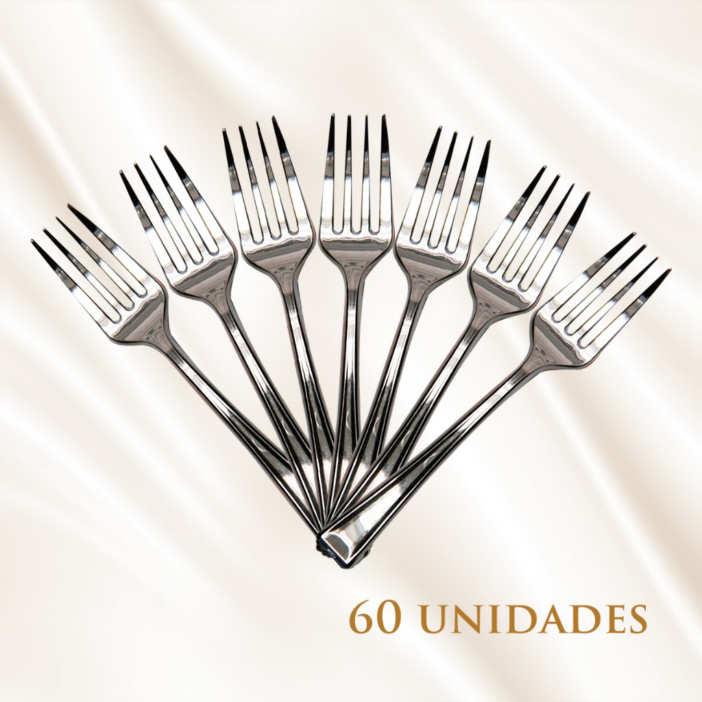 Kit 60 Mini Garfos Colher Descartáveis Linha Premium Prata 9,5Cm Reutilizável Silver Festas — imagem 2 de 2