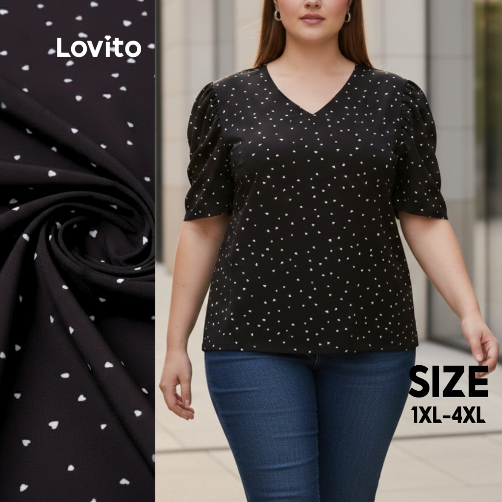 Lovito Blusa Feminina Plus Size Manga Curta  Decote V Estampa Coração  LB35BRL064 em Oferta na Shopee