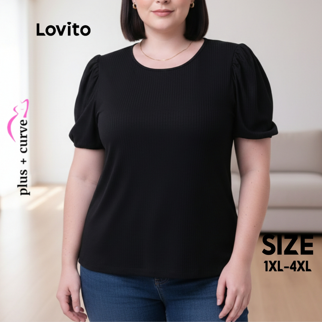 Lovito Camiseta Feminina Plus Size Manga Curta com Manga Bufante LB361BRL390 em Oferta na Shopee