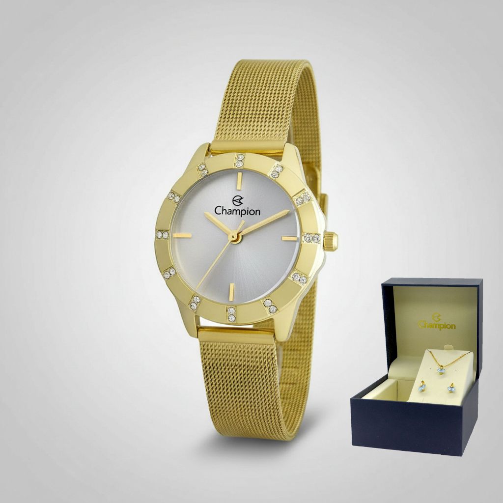 Relógio Champion Feminino Dourado Analógico Strass Pequeno Dourado fundo Branco pulseira de malha mesh C/ kit semijóia