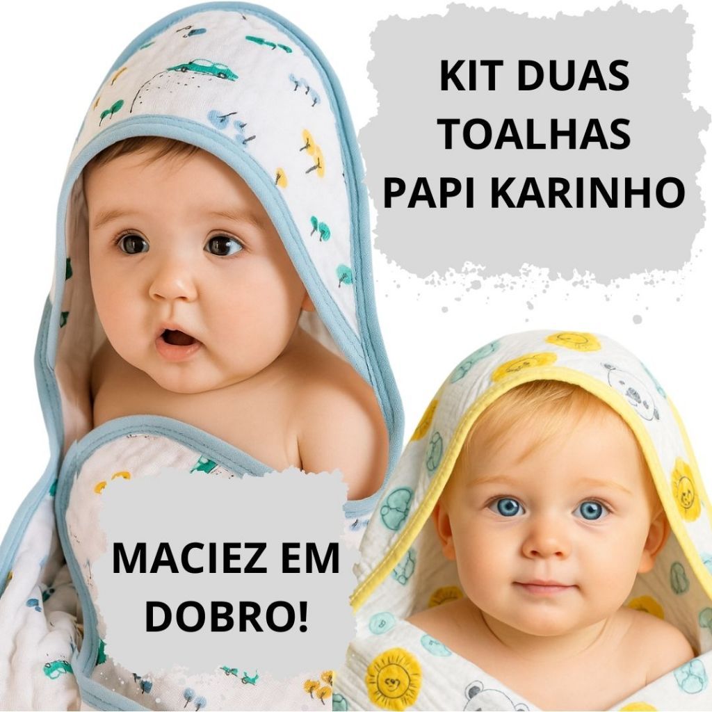 Kit 2 Toalhas Bebê Recém Nascido Maciez em Dobro Papi Karinho Dupla Camada 80x80cm C/ Capuz em Oferta na Shopee