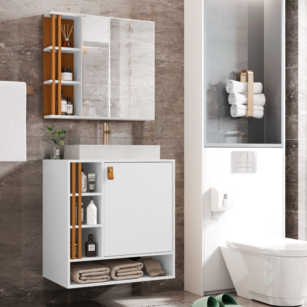 Conjunto Gabinete Banheiro Nix 60cm Completo com Armário Espelhado Cuba Nichos Laterais Ripado