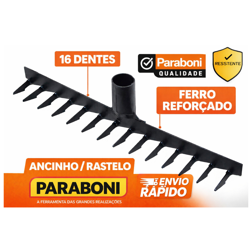 Ancinho Rastelo de Ferro 16 Dentes Paraboni Reforçado Para Jardim Construção