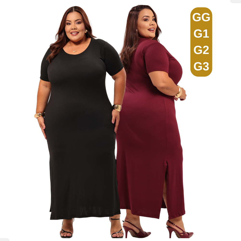 KIT 2 Vestidos Longo Plus Size Com Fenda lateral Elegante Social Look Moderno Versátil Clean Justo