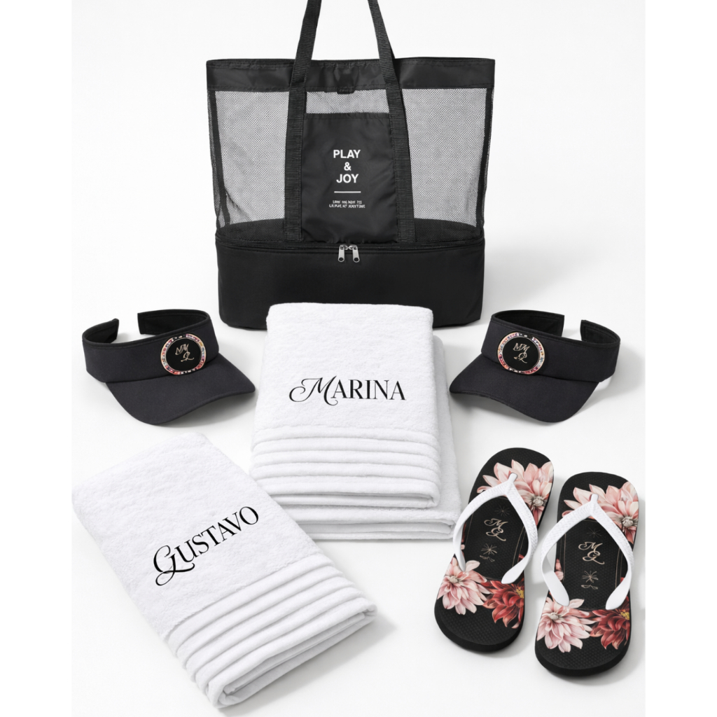 Kit Praia Personalizado SolAmor | Modelo Preto – Bolsa Térmica + Toalha + Viseira + Chinelo 💗✨💙