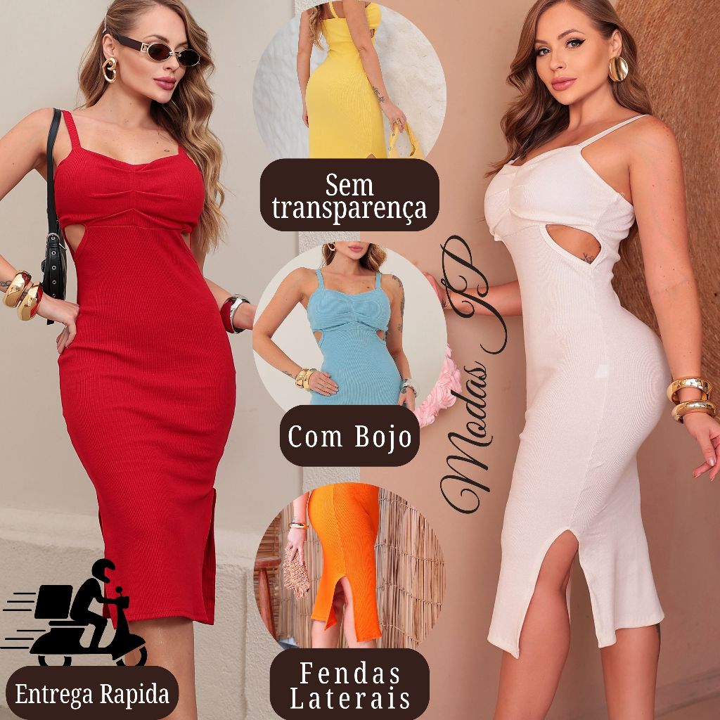 Vestido Alça Mídi Feminino Com bojo Fendas laterais tendencia PROMOCAO