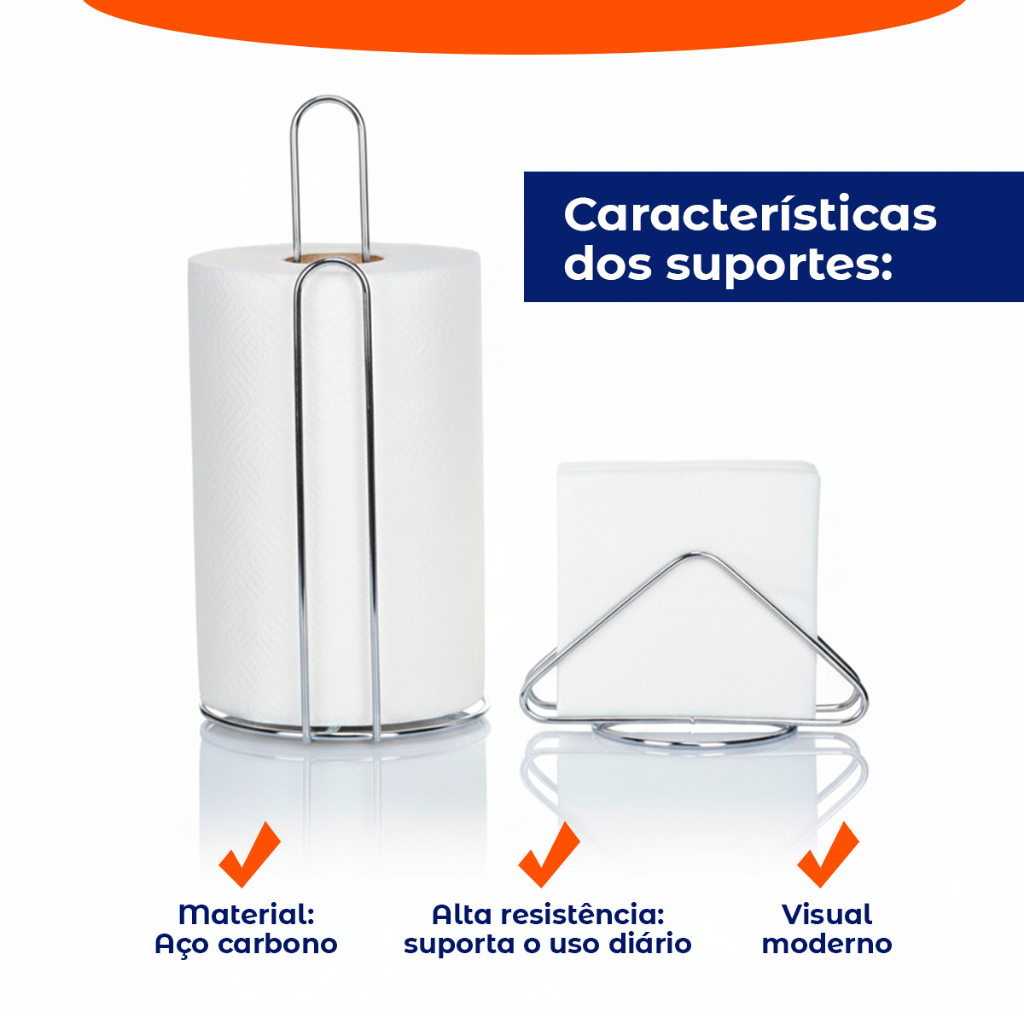 Porta Papel Tolha + Porta Guardanapo Suporte Prata Metal Cromado