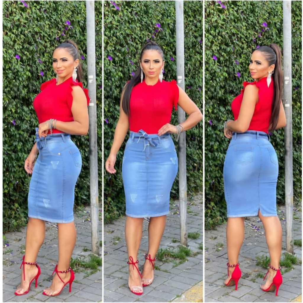 Saia Jeans Moda Evangélica Midi Feminino com Lycra em Oferta na Shopee