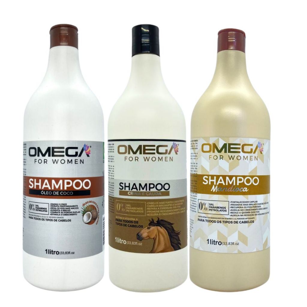 Shampoo Fortalecedor e Nutritivo Óleo De Coco, Crina e Cauda ou Mandioca 1L Omega Hair em Oferta na Shopee