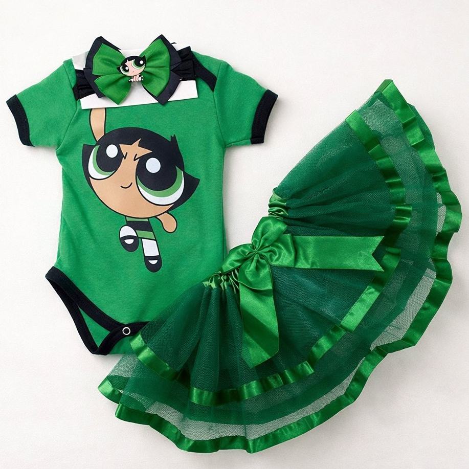 Body Bebê Mesversário Docinho Meninas Super Poderosas Saia de Luxo & Laço Kit Menina