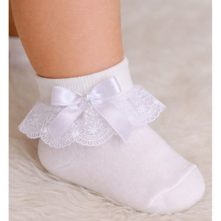 Meia Infantil Branca com Renda e Laço Luxo para Batizado, Festa e Ocasiões Especiais em Oferta na Shopee