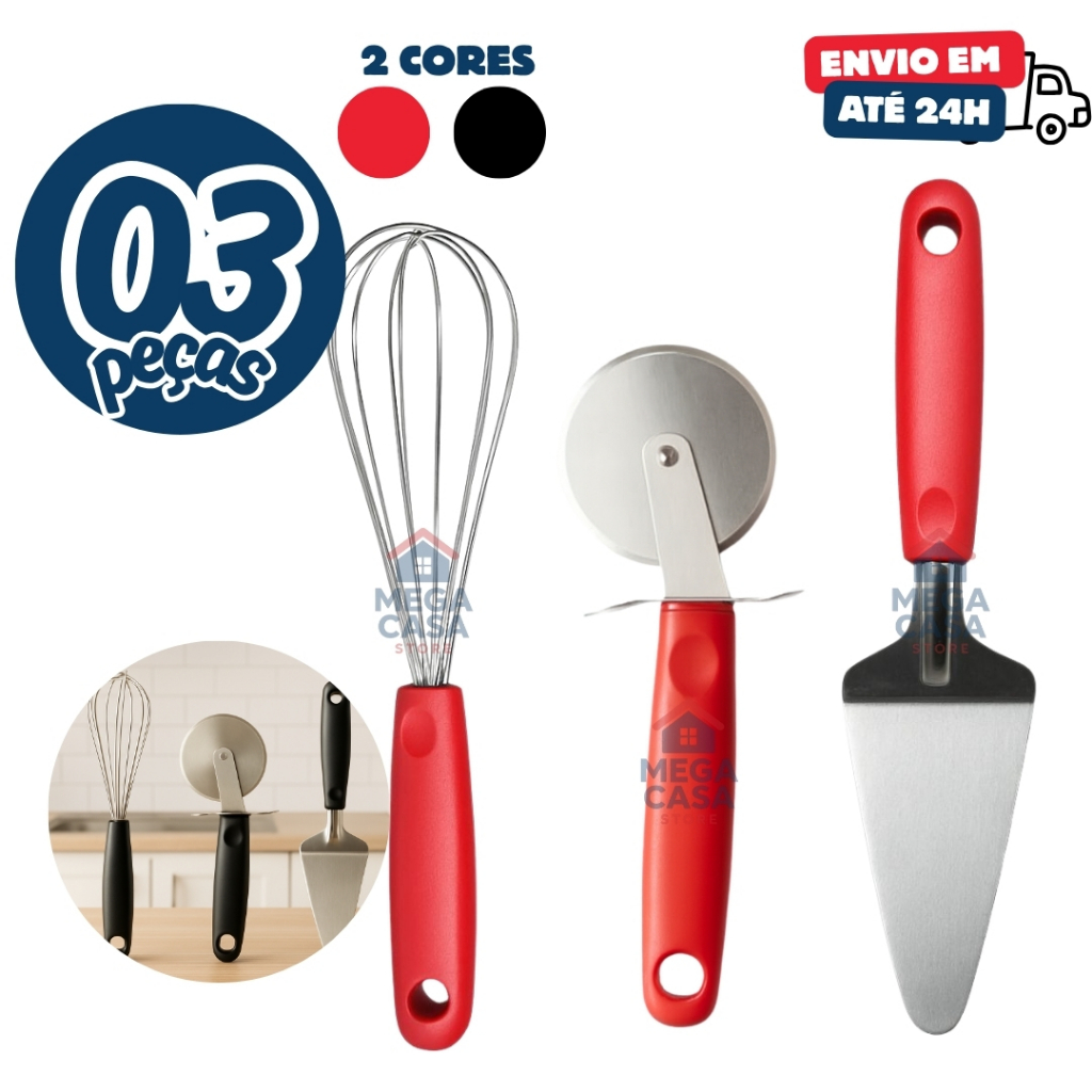 Kit 3 Peças Inox Linha Black Cortador de Pizza e Espatula Fatiador Bolo Fue Fouet Batedor de Claras