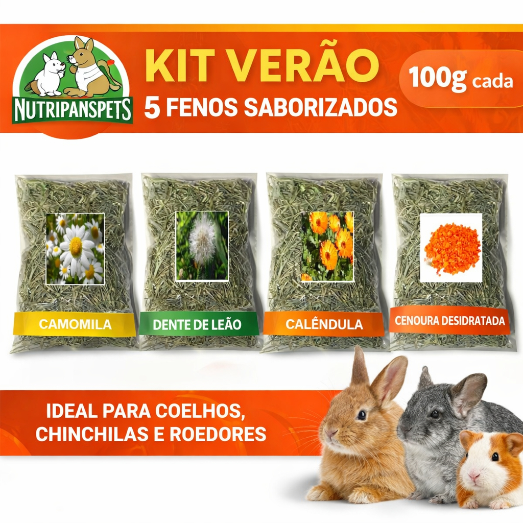 Kit 5 Fenos Saborizados Verão 100g | NutripansPets | Coelhos e Roedores