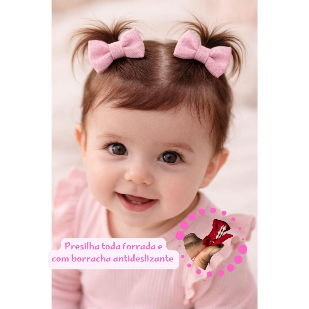 kit 3 pares mini laço tecido 4cm infantil bebê Rn presilha forrada com borrachinha antideslizante