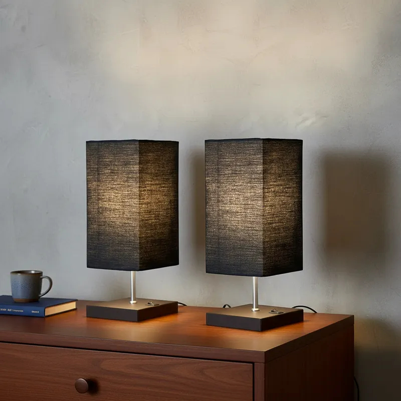 Imagem Kit 2 Abajur luminária de Mesa Quadrado Elegante Moderno Com Interruptor e Cúpula Decoração Casa Sala Quarto Escritório