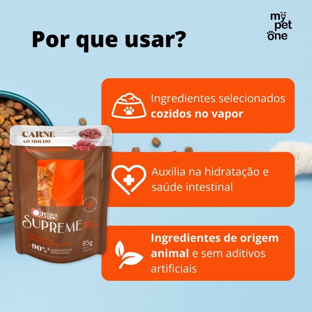 Detalhes do Caixa 20un Quatree Supreme Sachê Gatos Castrados Carne ao Molho - 85g