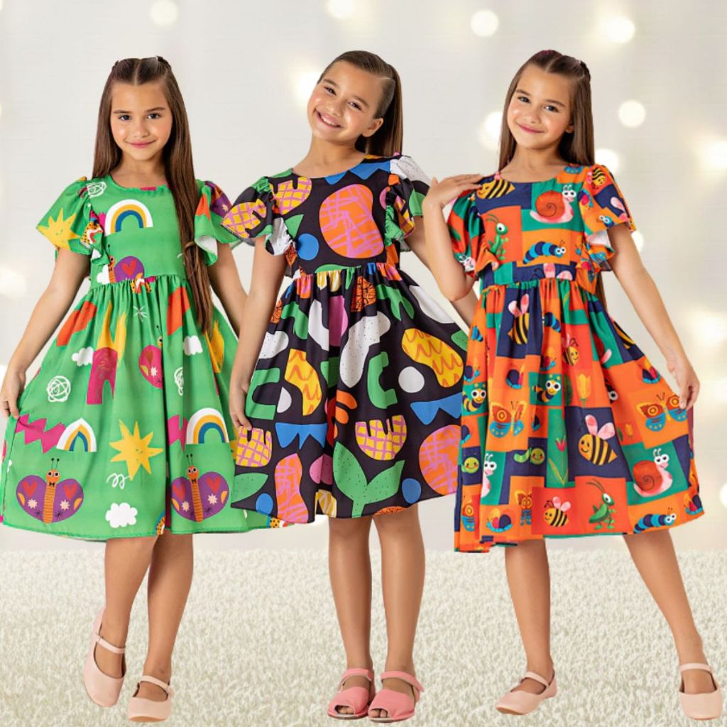 Vestido Infantil Menina Festa Manguinha Verão Soltinho Feminino Estampado Colorido Babado Roupa
