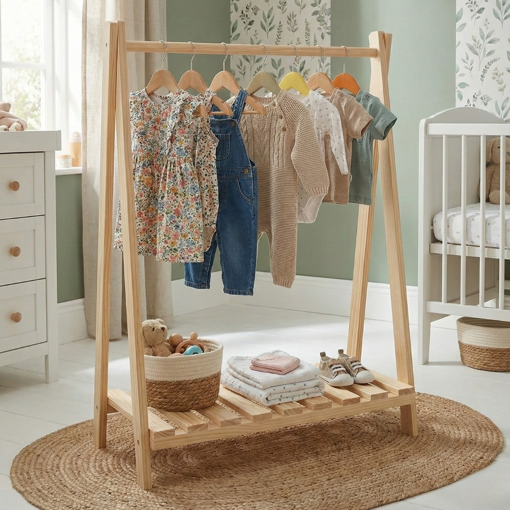 Arara Infantil de Madeira com Prateleira 95cm Cabideiro para Quarto Montessoriano Pinus