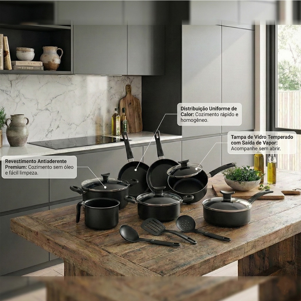 Conjunto de Panelas D'Itália Teflon 10 Peças | Fácil limpeza e Não Gruda + Utensílios e Tampa Vidro