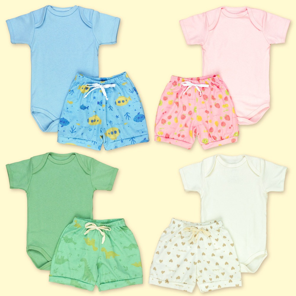 Conjunto de Calor para Bebê Body Manga Curta + Shorts Estampado Look Fresquinho confortável - Até 12 Meses