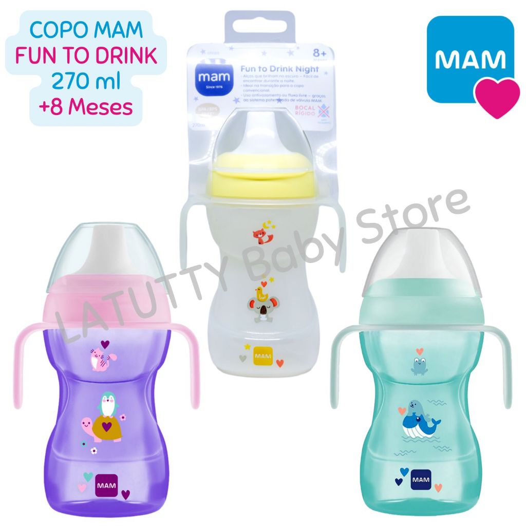 Copo de Transição MAM 270 ml Fun To Drink Original Antivazamento Tampa Alça Removível em Oferta na Shopee