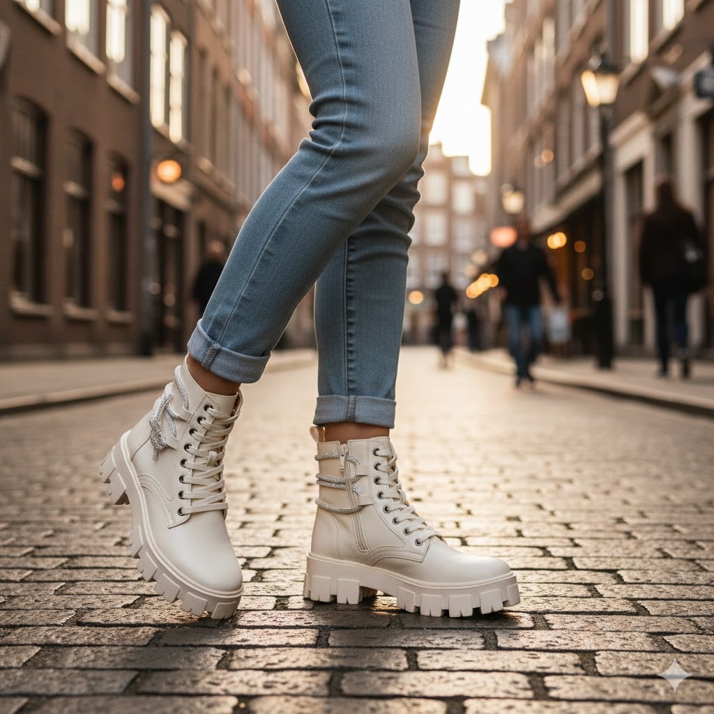 Bota Feminina Blogueira Com Brilho Coturno Tratorado Com Zíper Lançamento Moda