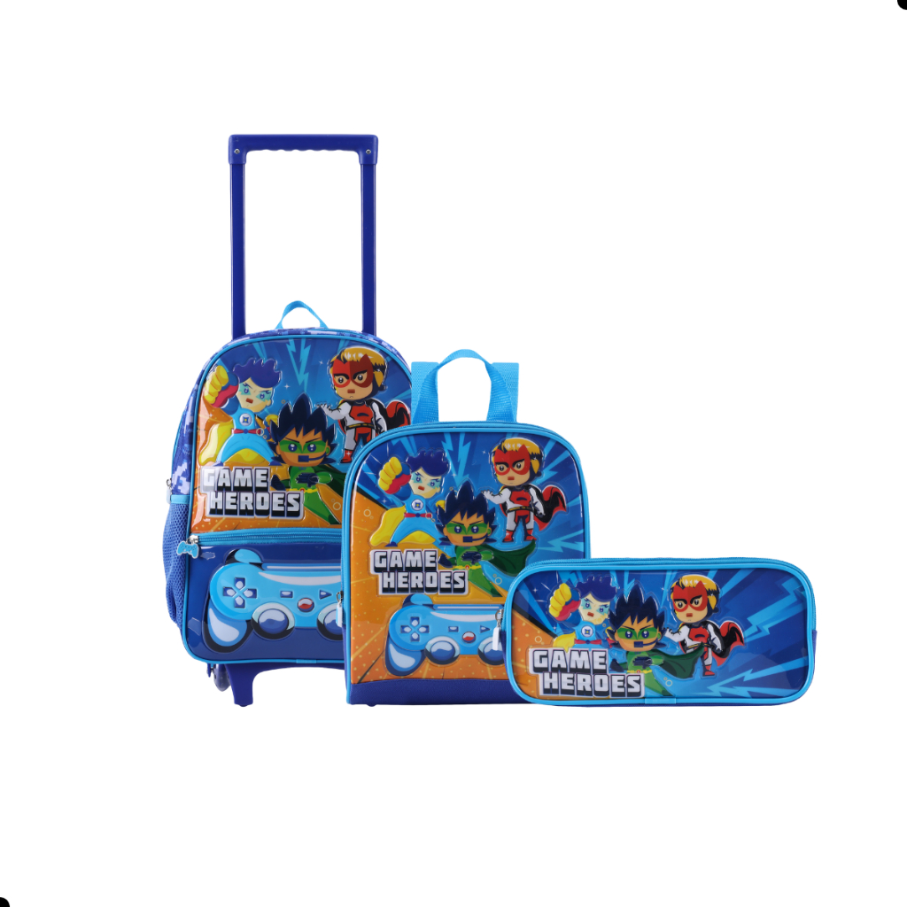Kit Mochila Rodinha Estojo Lancheira Escolar Infantil Volta Aulas Game Heroes Completo e Estiloso