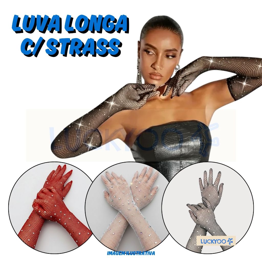 Luva Longa Arrastão c/ Strass Malha Elástica Acessório Fantasia Festa Carnaval Gótico Rock Casamento Noiva Debutante em Oferta na Shopee