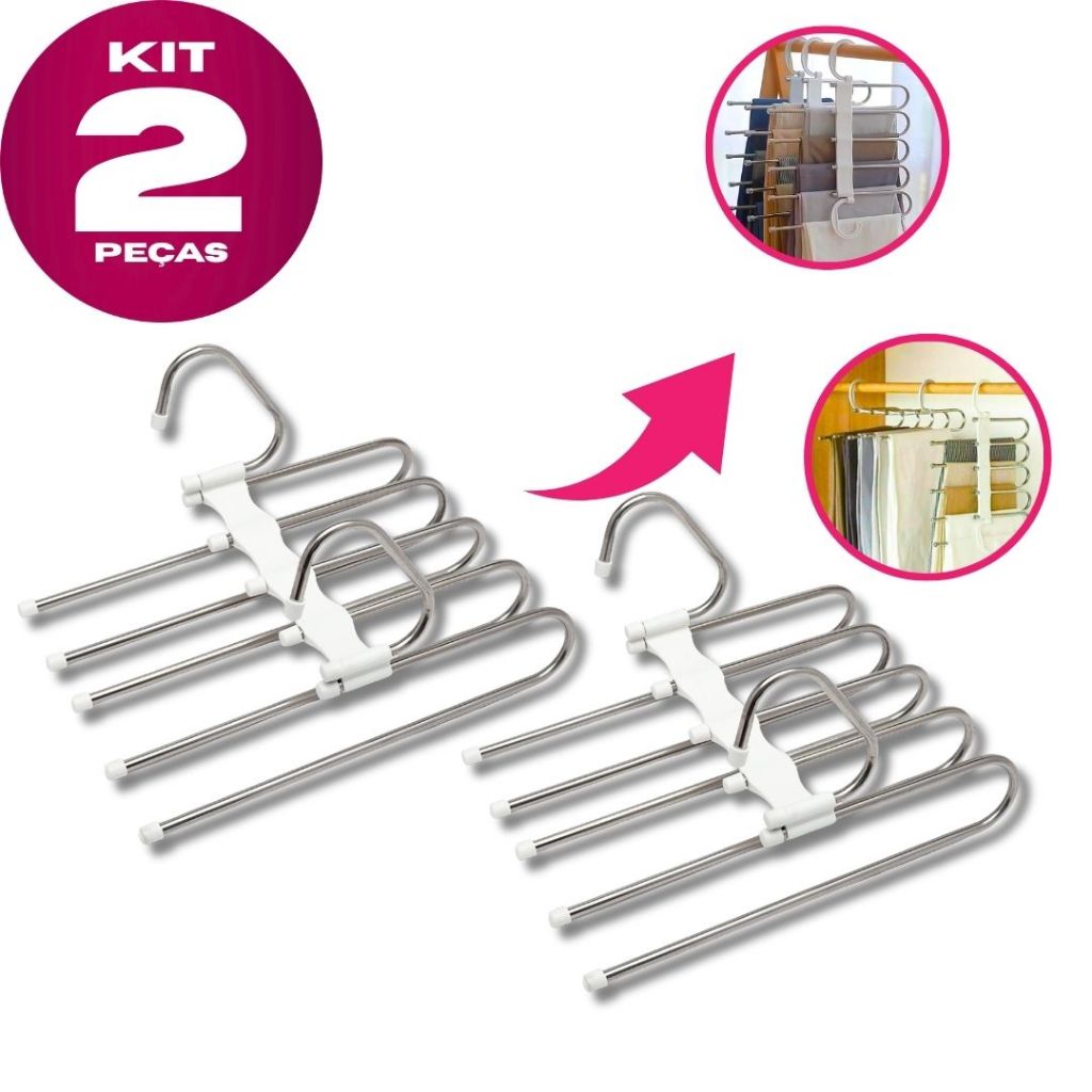 KIT 2 Cabides de Calças Multifuncional 5 Divisórias Branco Inox