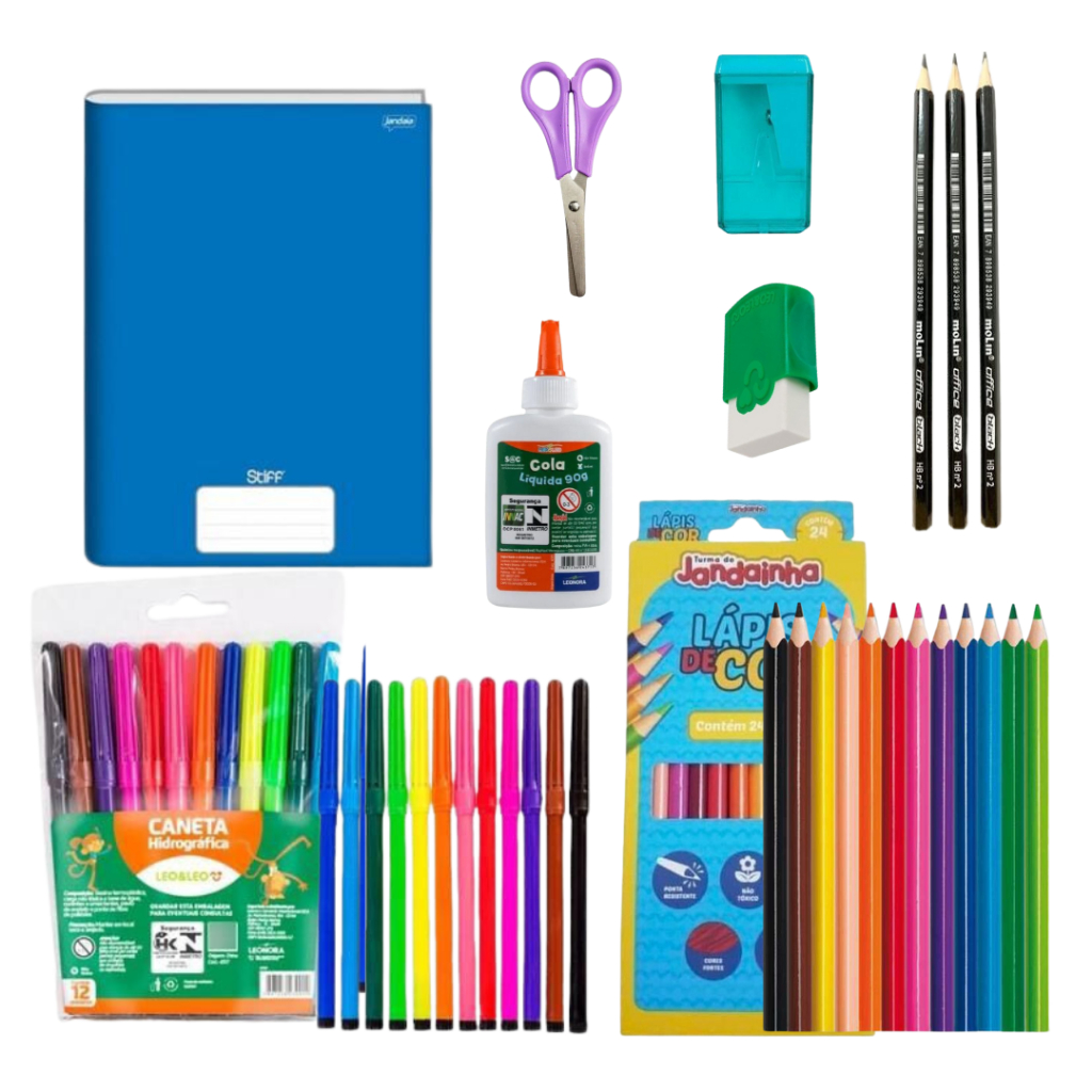 Kit de material escolar completo com 32 itens