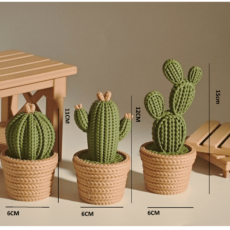 Kit 3 Cactos Decorativos Tricô 3D com Vaso | Decoração para Sala Minimalista Escritório em Oferta na Shopee