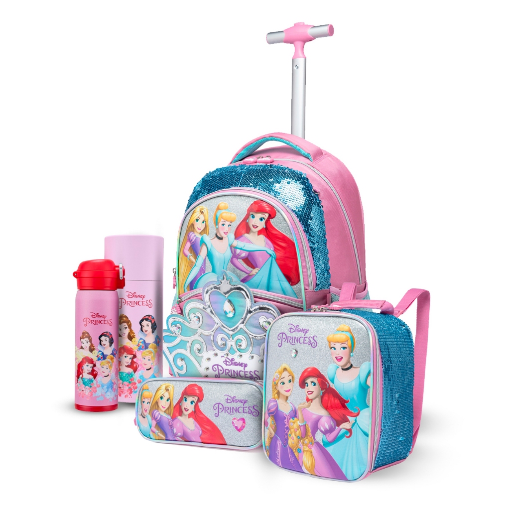 Kit Escolar Princesas Disney Mochila Rodinha Garrafa 480ml Lancheira Térmica Estojo Duplo