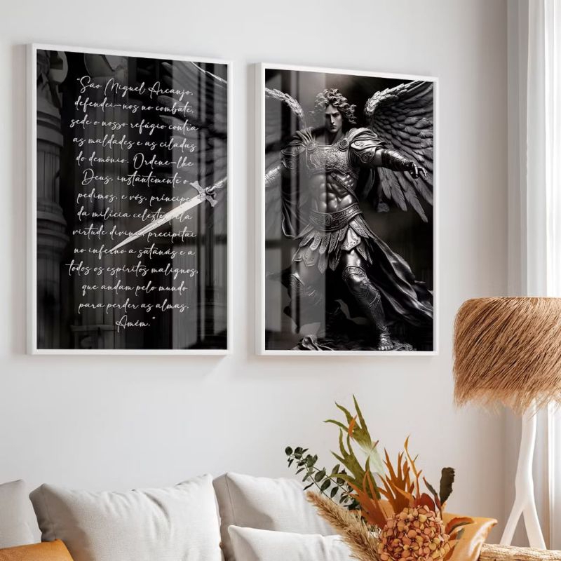 Quadros Decorativos São Miguel Arcanjo Oração Protetor - Kit 2 Peças | Tinta Premium | MDF 3mm