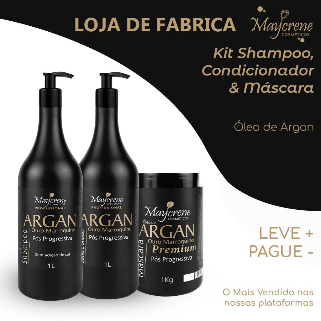 Kit Argan pós Progressiva – Ouro Marroquino 1L | Shampoo 1L + Condicionador 1L + Máscara 1Kg