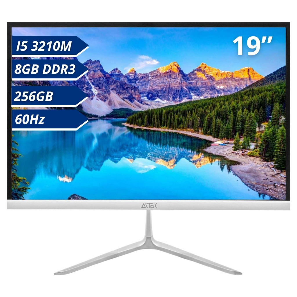 Computador All in One 19" VA Intel i5 8GB RAM DDR3 256GB SSD Wi-Fi 60GHz Multitarefas VESA 75x75mm