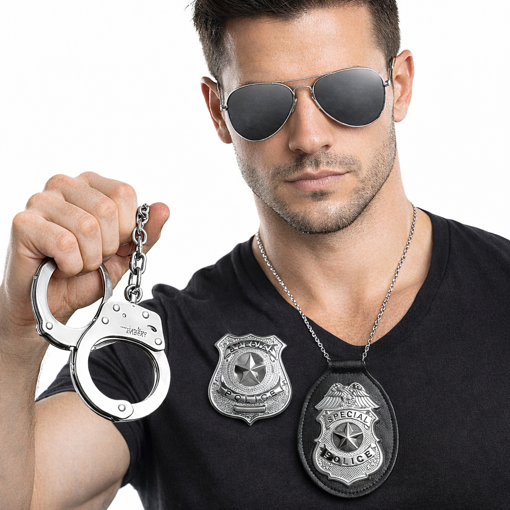 Kit 4pçs Acessórios Fantasia De Policial FBI Algemas, Distintivo, Óculos Carnaval