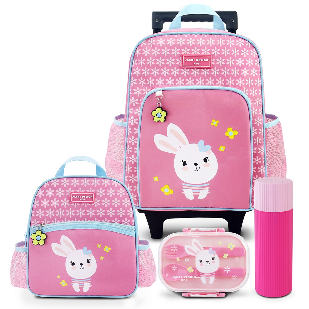 Conjunto Mochila com Rodinhas Lancheira Pote p/ Lanche e Porta Acessórios - Jacki Design