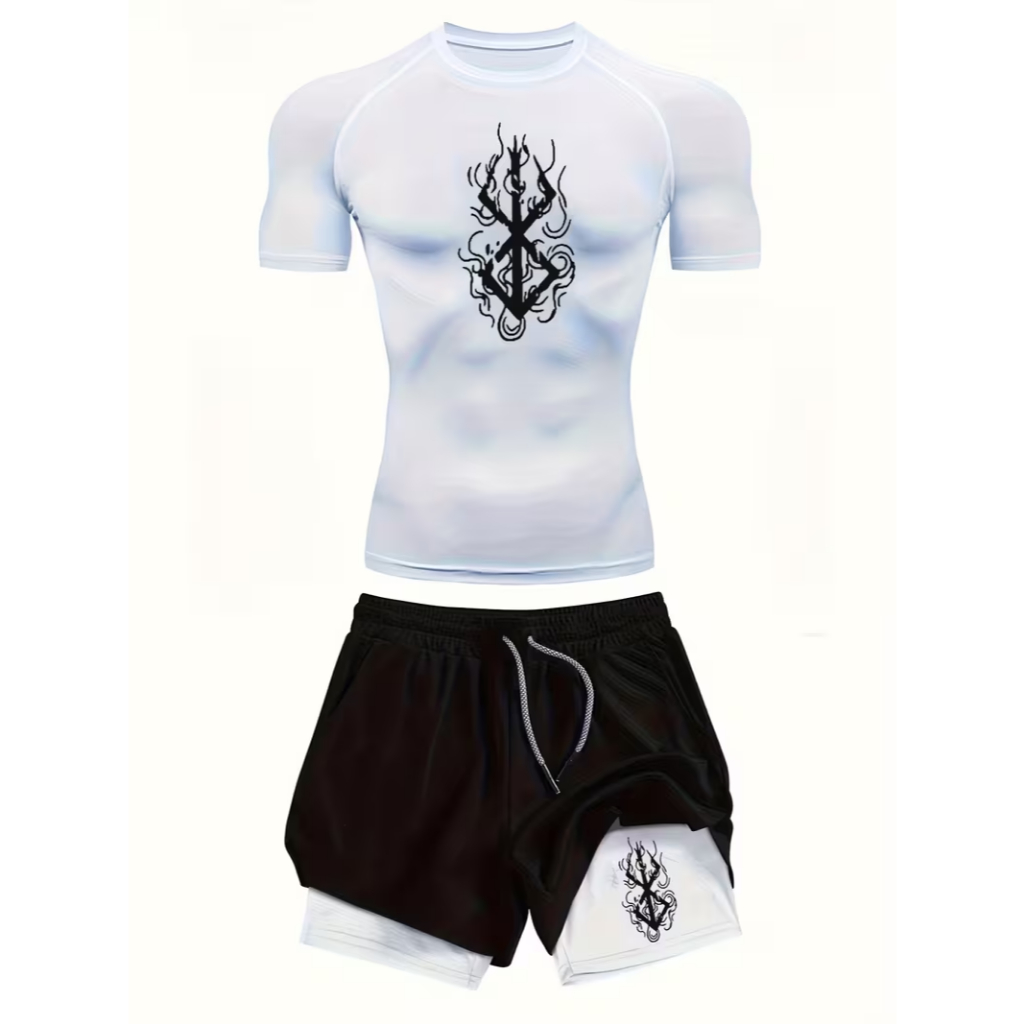 Kit Academia Camiseta de Compressão  + Short Bermuda 2 em 1 Anime Berserk Guts Machão Shape Treino