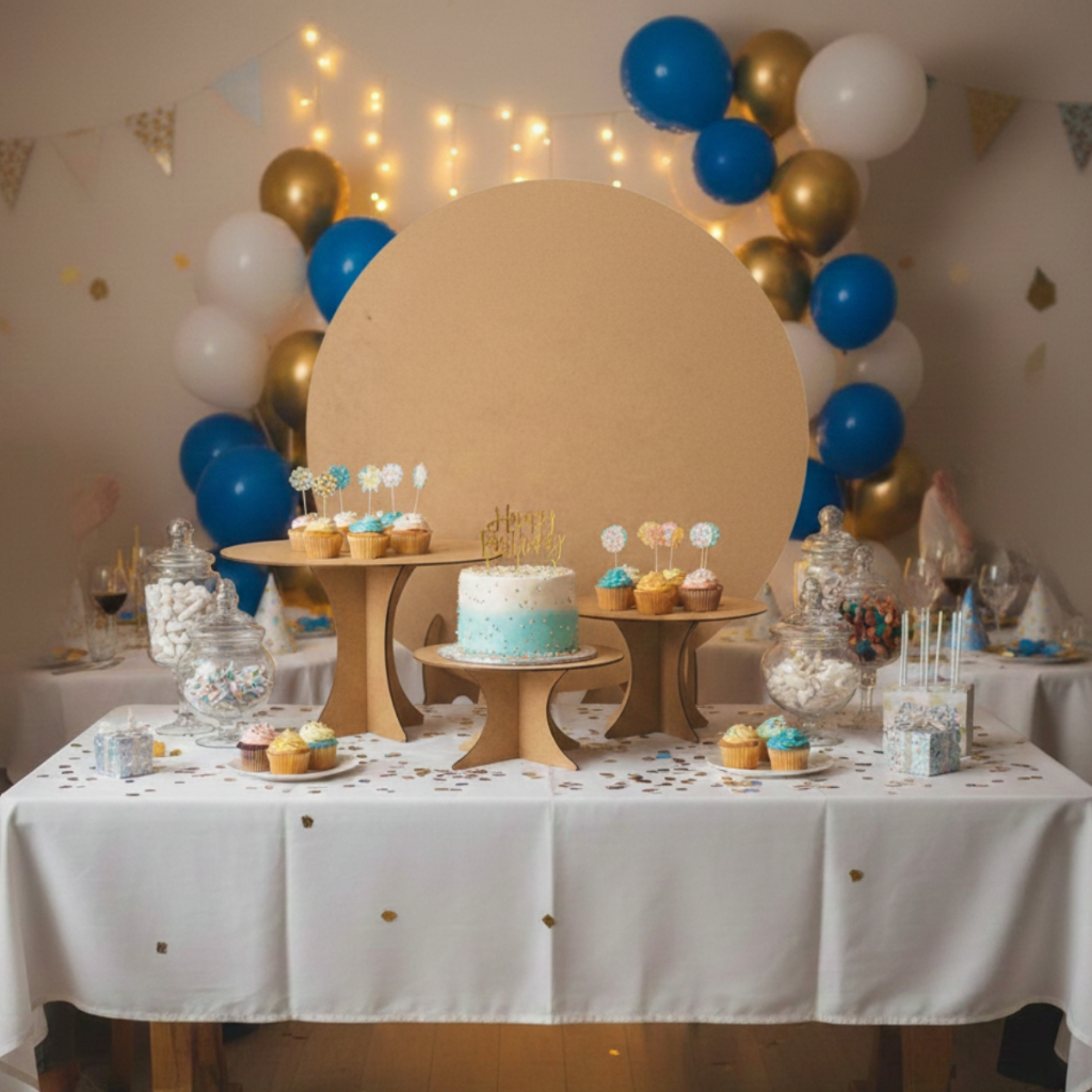 Kit Festa na Mesa Painel Redondo 50x50 cm Trio Boleiras MDF Decoração Aniversário Infantil Provençal Festa Completa