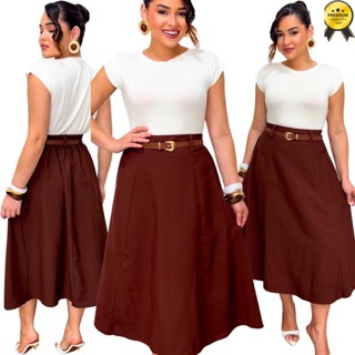 Saia Midi Feminina Plus Size com Cós Confortável | Moda Casual | M G GG G1 G2 G3 em Oferta na Shopee