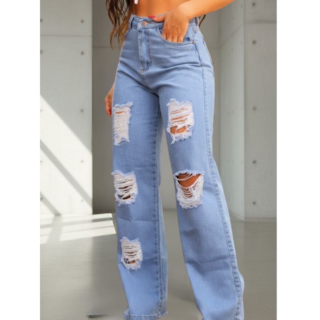 Calça Jeans Feminina Premium Wide Leg / Com Rasgos Destroyed/ Perna Larga /Cintura Alta /Jeans Pantalona/ Despojado