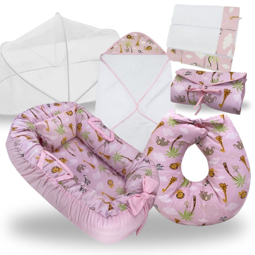 Ninho Redutor Berço Bebe Almofada Amamentação Trocador Mosquiteiro Toalha Banho Boca Kit Safari Rosa em Oferta na Shopee