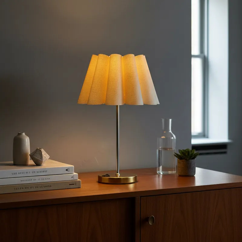 Abajur Luminária de Mesa Redondo Pétala Escovado com Interruptor e Cúpula Bege Decoração Casa canto de Sala quarto